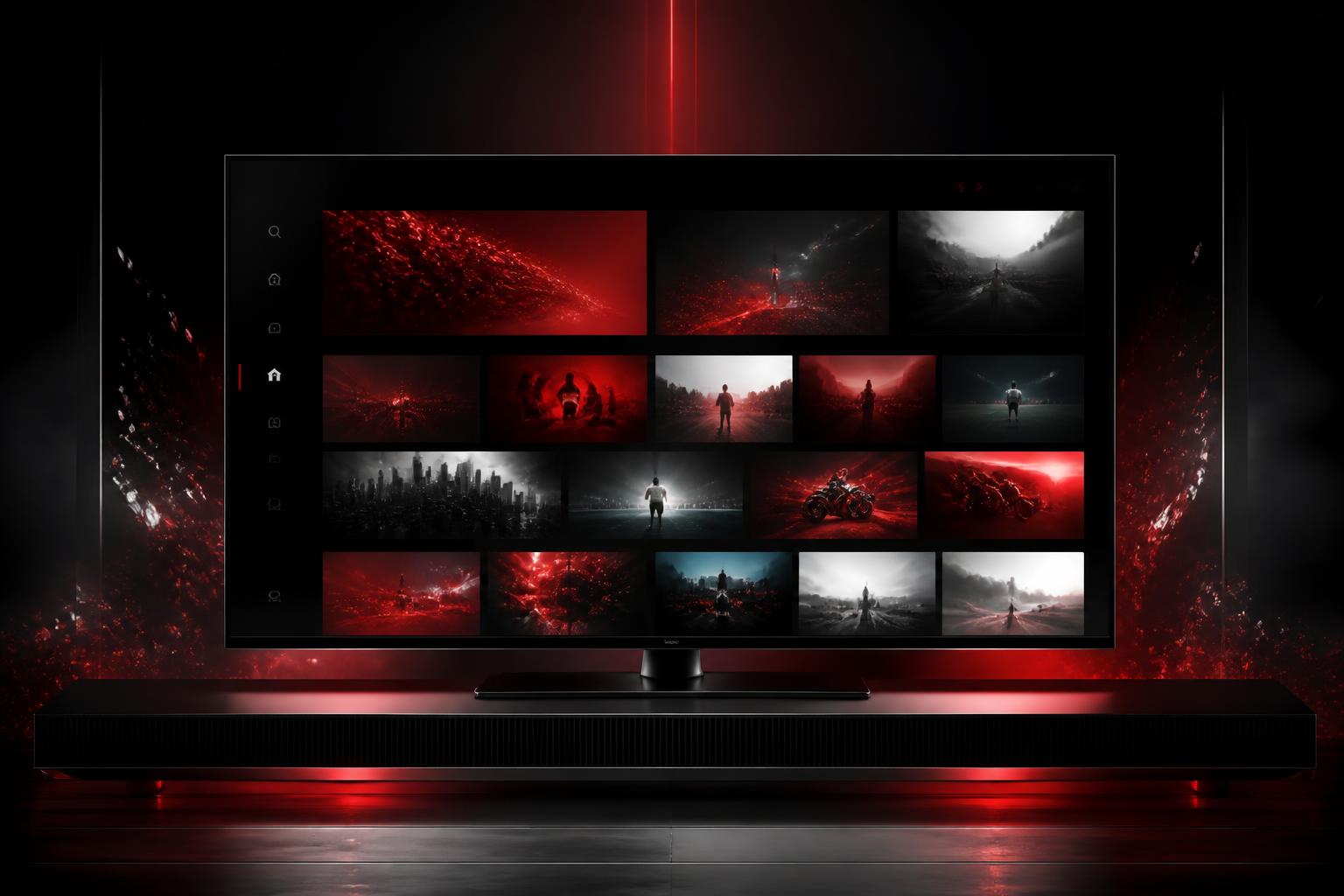 Smart TV mostrando interfaz de canales con luces rojas